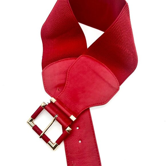 New Women Red Elastic Wide Fashion Belt Hip High Waist Gold Square Buckle S M - Picture 3 of 16